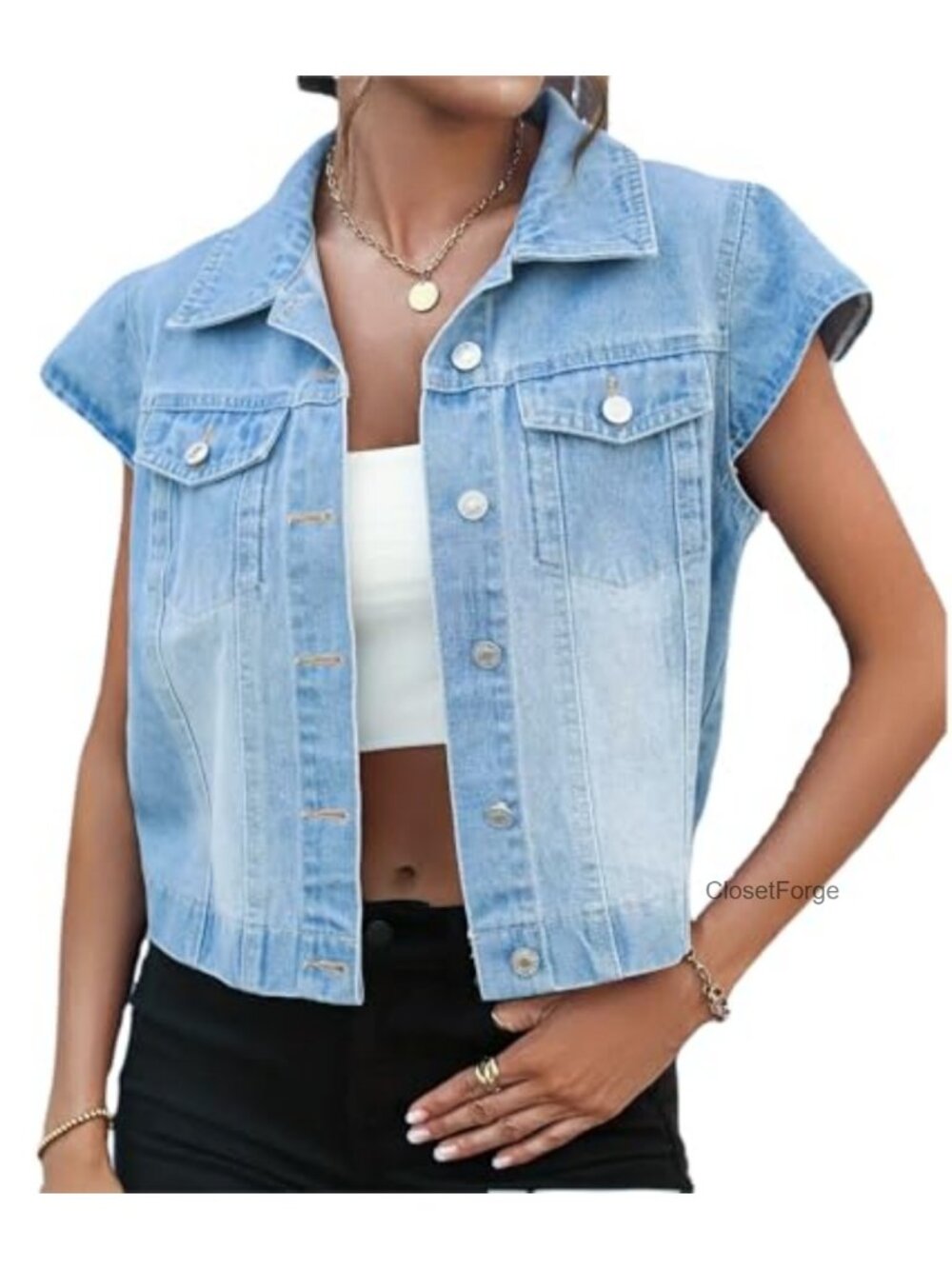 Women's Denim Vest Button Down Short Sleeve Jean Waistcoat Jacket